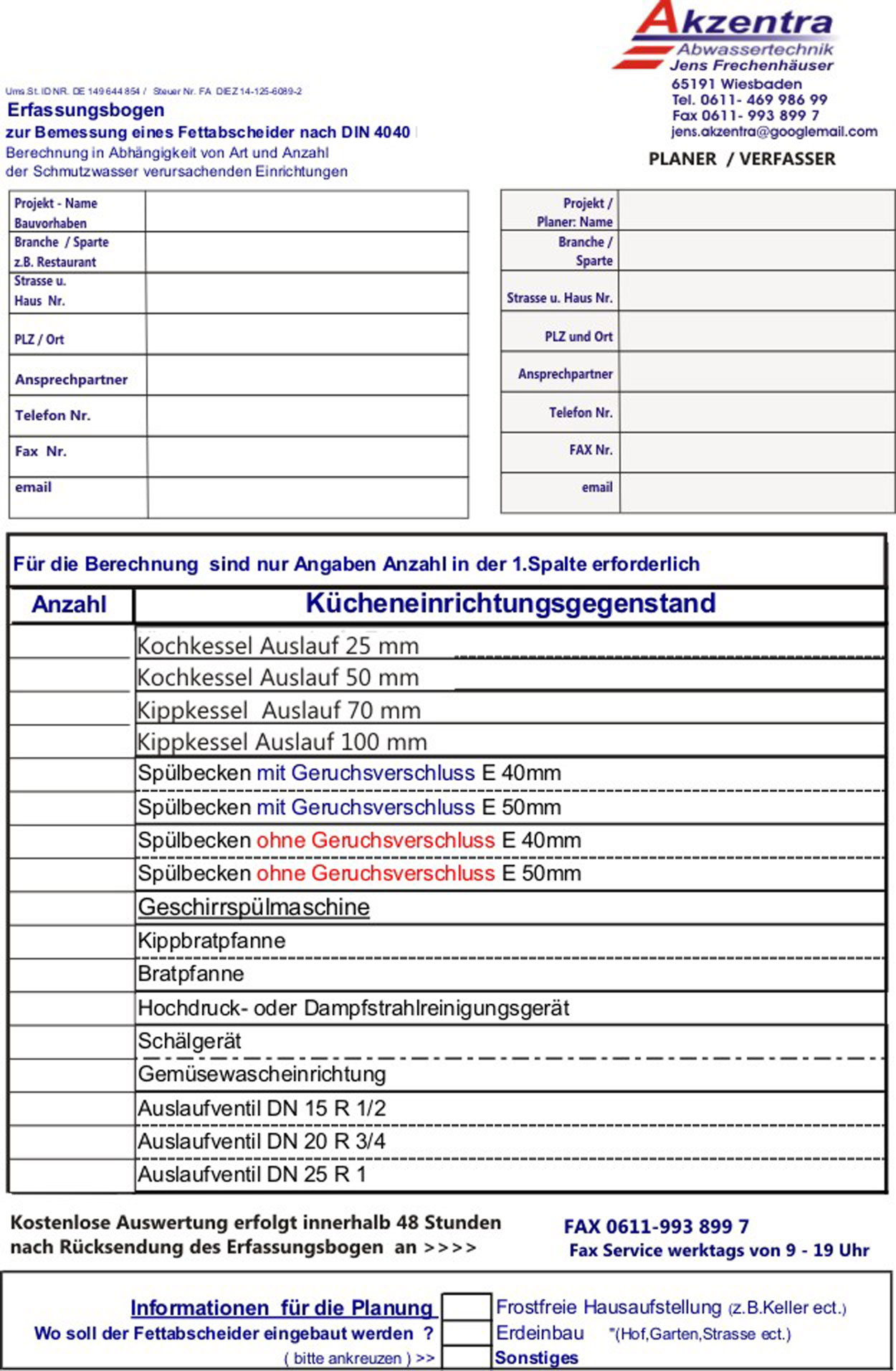 Fragebogen zur Groessenbestimmung Fettabscheider