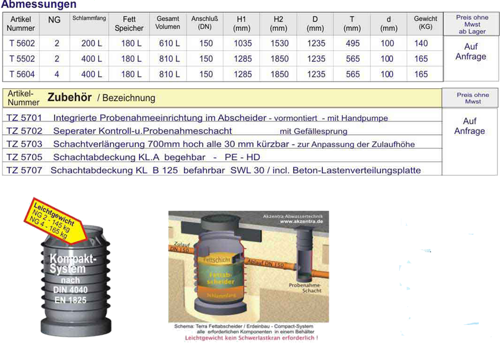 Technische Daten fuer Fettabscheider Erdeinbau Technische Daten fuer Fettabscheider Erdeinbau