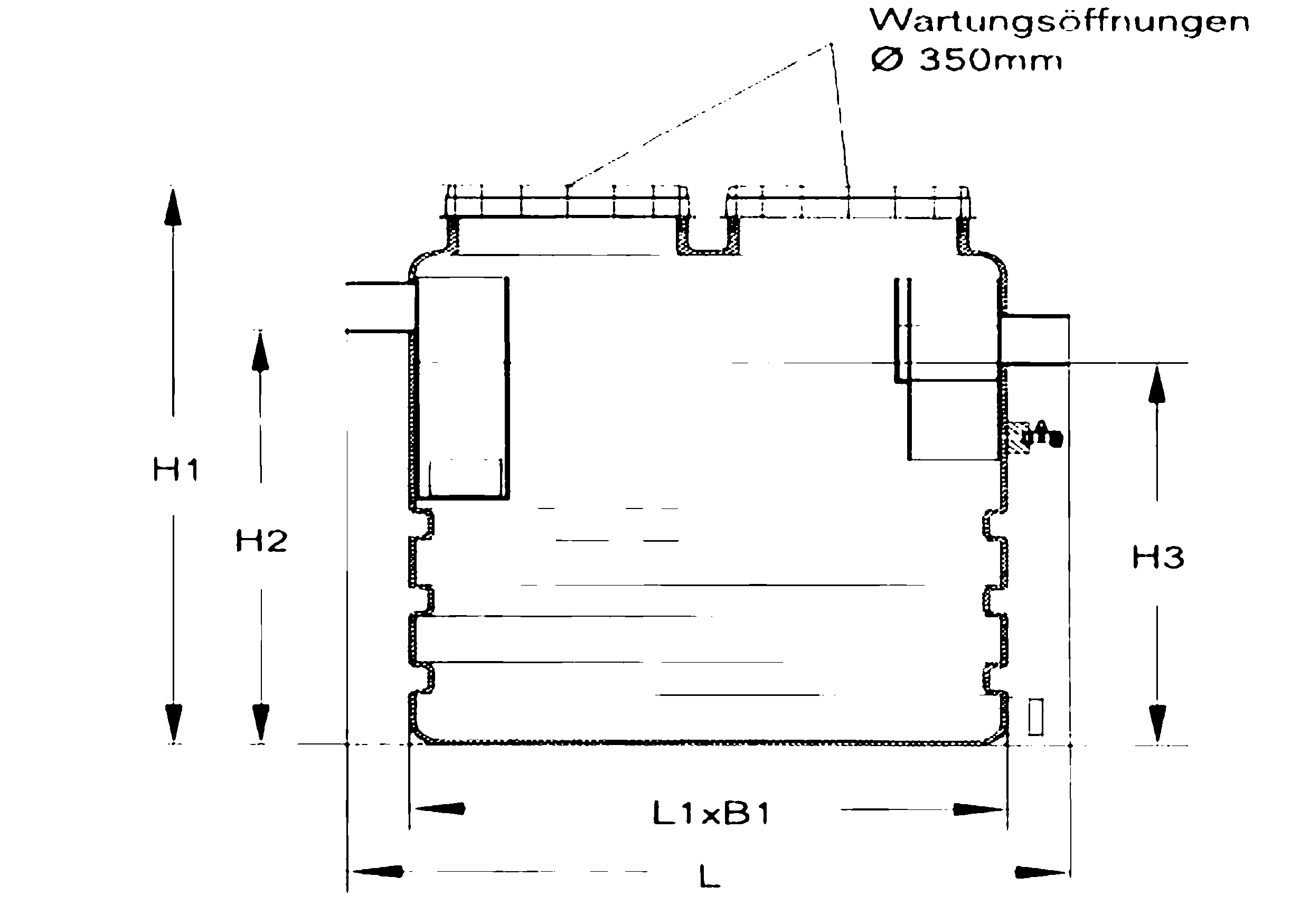 Technische Skizze Fettabscheider zur freien Hausaufstellung