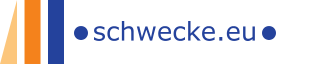 Logo Gerd Schwecke IT & DV Sulingen: senkrechtes Dreieck spitze nach oben in beige, zwei senkrecht stehende Rechtecke orange und blau, dann Schriftzug schwecke.eu